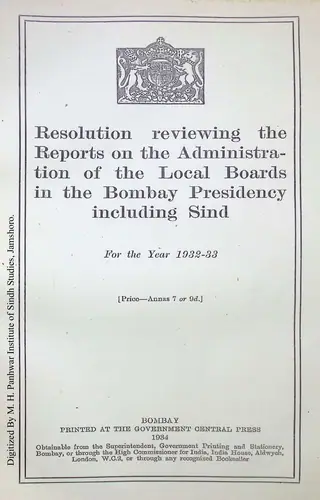 रेज़ोल्यूशन रिव्यूइंग डि रिपोर्ट्स ऑन डि ऐडमिनिस्ट्रेशन ऑफ़ डि डिस्ट्रिक्ट लोकल बोर्ड्ज़ इन डि बम्बई ऐं सिंध 1932-33
