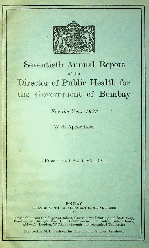 Seventieth Annual Report of the Director of Public Health for the Government of Bombay 1933